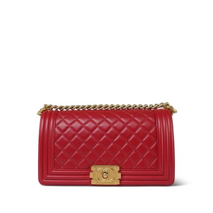 Red Lambskin Quilted Old Medium Boy Bag Aged Gold Hardware