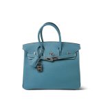 Birkin 25 Blue Jean Veau Togo Palladium Plated H Square Stamp - Image 4