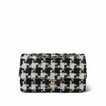 20S Black White Ecru Houndstooth Tweed Quilted Classic Flap Medium LGHW