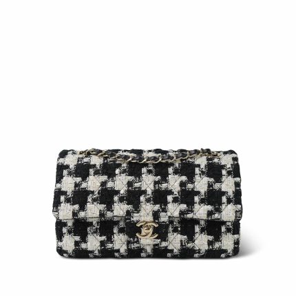20S Black White Ecru Houndstooth Tweed Quilted Classic Flap Medium LGHW