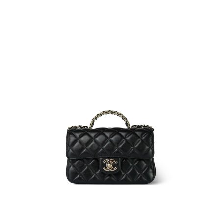23A Black Lambskin Quilted Mini Crystal Top Handle Light Gold Hardware