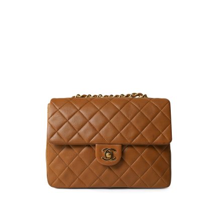 Vintage Caramel/Dark Brown Lambskin Quilted Square Flap Gold Hardware Mini