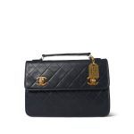 Navy Lambskin Quilted Top Handle Double Turnlock Single Flap Gold Hardware - Image 3