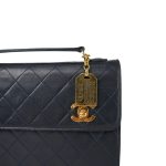 Navy Lambskin Quilted Top Handle Double Turnlock Single Flap Gold Hardware - Image 11