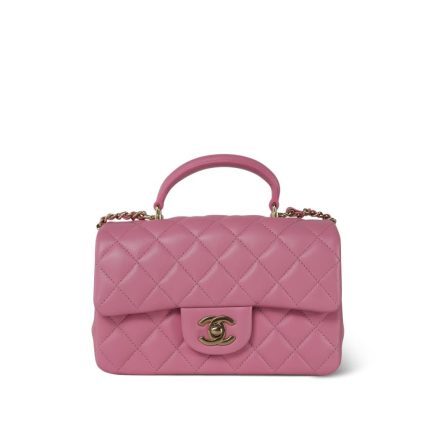 Light Pink Lambskin Quilted Mini Top Handle Light Gold Hardware