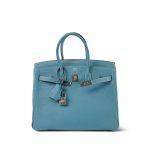 Birkin 25 Blue Jean Veau Togo Palladium Plated H Square Stamp - Image 6