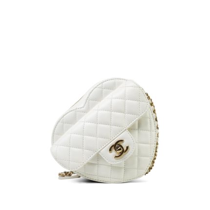 22S White Lambskin Quilted Heart Bag Large Light Gold Hardware
