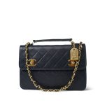 Navy Lambskin Quilted Top Handle Double Turnlock Single Flap Gold Hardware