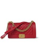 Red Lambskin Quilted Old Medium Boy Bag Aged Gold Hardware - Image 5