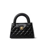 24A Black Shiny Aged Calfskin Quilted Nano Kelly Shopper Aged Gold Hardware