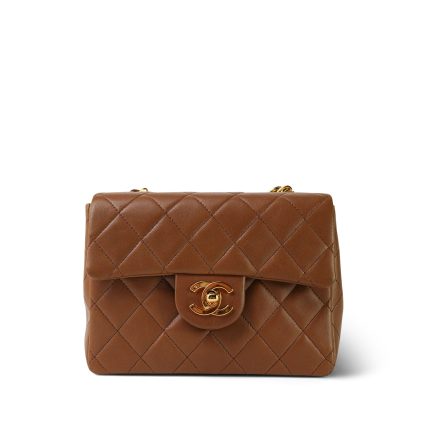 Brown/Caramel Lambskin Quilted Mini Square Flap Gold Hardware