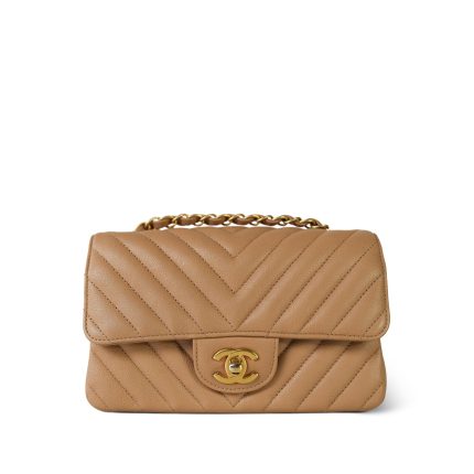 17C Dark Beige Chevron Quilted Mini Rectangular Flap Aged Gold Hardware