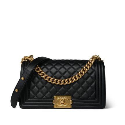 Black Lambskin Quilted Old Medium Boy Bag Aged Gold Hardware