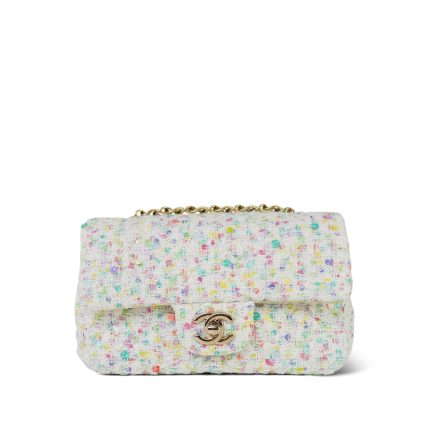 23S White/Light Yellow/Multicolor Sequin Tweed Quilted Mini Rectangular Flap Light Gold Hardware