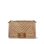 Beige Raffia Pink Tweed Chevron Quilted Small Boy Bag Aged Gold Hardware