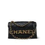 Black Calfskin Quilted Enchained Logo Single Flap Bag Aged Gold Hardware - Image 2