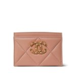 23P Beige Lambskin Quilted 19 Card Holder Aged Gold Hardware