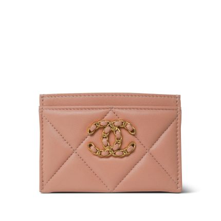 23P Beige Lambskin Quilted 19 Card Holder Aged Gold Hardware