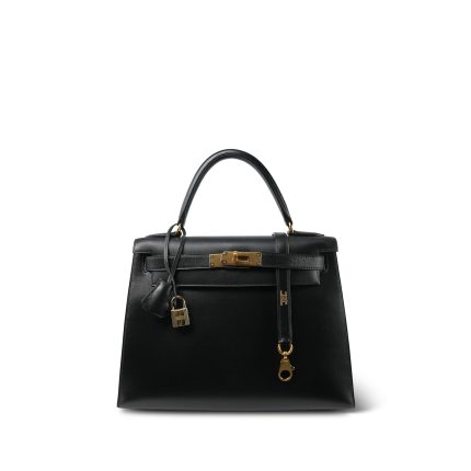 Kelly 28 Sellier Black Box Calfskin Gold Plated Z Circle Stamp