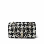 20S Black White Ecru Houndstooth Tweed Quilted Classic Flap Medium LGHW - Image 13