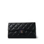Black Caviar Quilted Long Flap Wallet Gold Hardware
