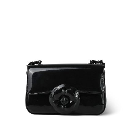 Black Patent Camellia Single Flap Bag Black Hardware
