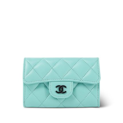 24C Turquoise Lambskin Quilted Flap Card Holder