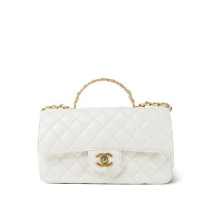 23K White Calfskin Quilted Crystal Top Handle Aged Gold Hardware