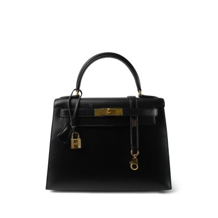Kelly 28 Sellier Black Box Calfskin Gold Plated A Square Stamp