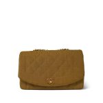 Dark Beige Linen Quilted Diana Flap Medium Gold Hardware