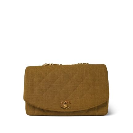 Dark Beige Linen Quilted Diana Flap Medium Gold Hardware