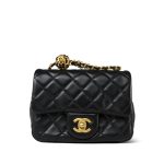 Black Lambskin Quilted Pearl Crush Mini Aged Gold Hardware