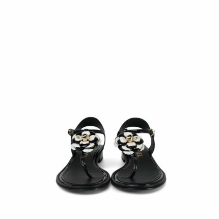 22A Black/White Patent Calfskin Camellia Thong Sandals Size 38