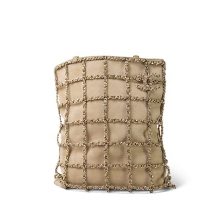 Beige Suede Chain Frame Shopping Tote Light Gold Hardware