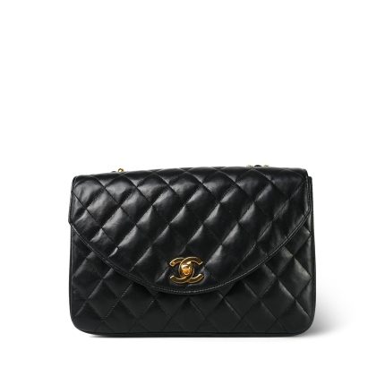 Black Vintage Lambskin Quilted Half Moon Single Flap Gold Hardware