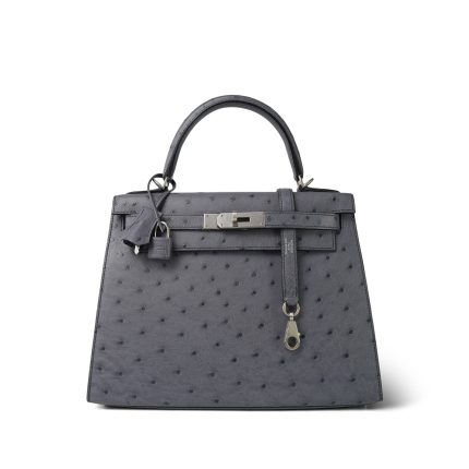 Kelly Sellier 28 Horseshoe (HSS) Gris Agate/Bleu Nuit Ostrich Palladium Plated Y Stamp