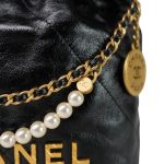 23S Shiny Black Calfskin Quilted Mini 22 Pearl Strap Bag Aged Gold Hardware - Image 12
