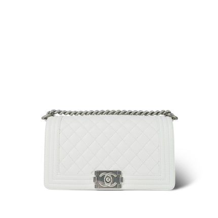 23P White Caviar Quilted Boy Bag Old Medium Aged Silver Hardware