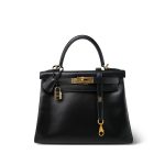 Kelly 28 Black Box Calfskin Retourne Gold Plated D Square Stamp