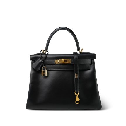 Kelly 28 Black Box Calfskin Retourne Gold Plated D Square Stamp