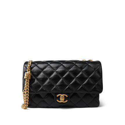 Black Lambskin Quilted Pillow Crush Single Flap Bag Aged Gold Hardware
