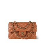 22S Caramel Lambskin Quilted Small Classic Flap Light Gold Hardware - Image 8