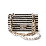 Ivory/Black Striped Coco Sailor Pearl Classic Flap Bag Gold Hardware - Image 13