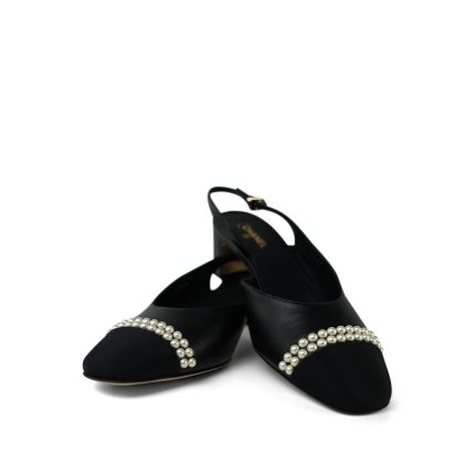 20P Black Lambskin Grosgrain Pearl Cap Toe CC Slingback Pumps Size 39.5
