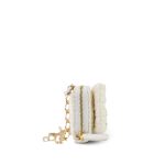 White Tweed Quilted Bow Card Holder On Chain Light Gold Hardware - Image 5