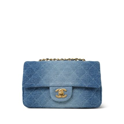 24S Blue Denim Quilted Rectangular Flap Mini Aged Gold Hardware
