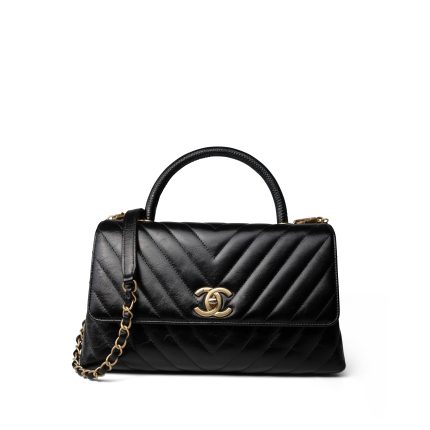 Black Chevron Calfskin Coco Handle Flap Medium (Old Small) Aged Gold Hardware