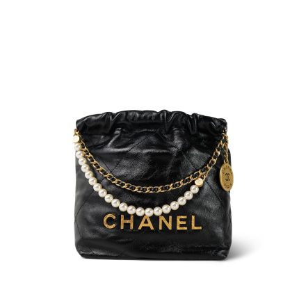 23S Shiny Black Calfskin Quilted Mini 22 Pearl Strap Bag Aged Gold Hardware