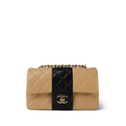 Beige/Black Bi-Color Lambskin Quilted Mini Rectangular Flap Light Gold Hardware