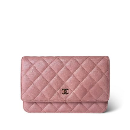 19S Iridescent Pink Caviar Quilted Wallet on Chain WOC
